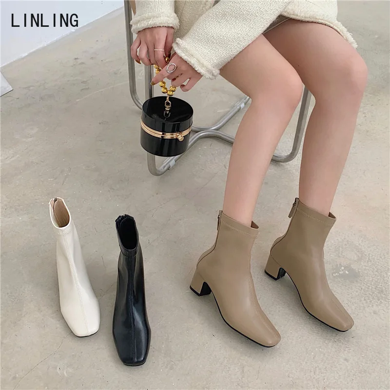 

Женские ботильоны на молнии, черные или бежевые полусапожки из мягкой кожи, на квадратном каблуке, на зиму, 2021