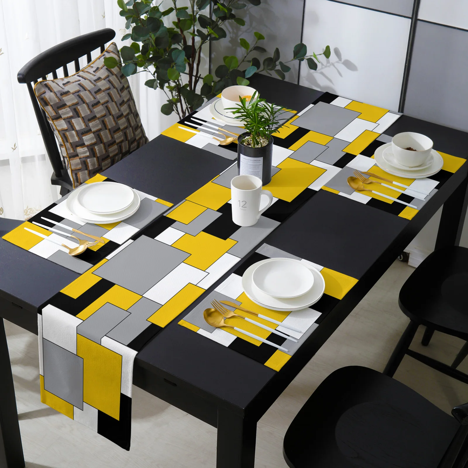 

Yellow Mosaic Color Abstract Art Table Runner Luxury Set Wedding Table Decor Tablecloth Dining Table Decor Table Cover