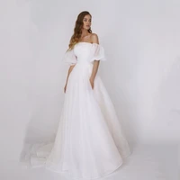 simple elegant a line wedding dresses 2021 vintage off shoulder backless boat neck sweep train illusion tulle custom made bride