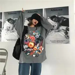 2 Японский Харадзюку аниме Kawaii футболка корейский Готический мультфильм женские топы с длинными рукавами оверсайз Хип Хоп Футболка уличная Мужская - Цвет: 2