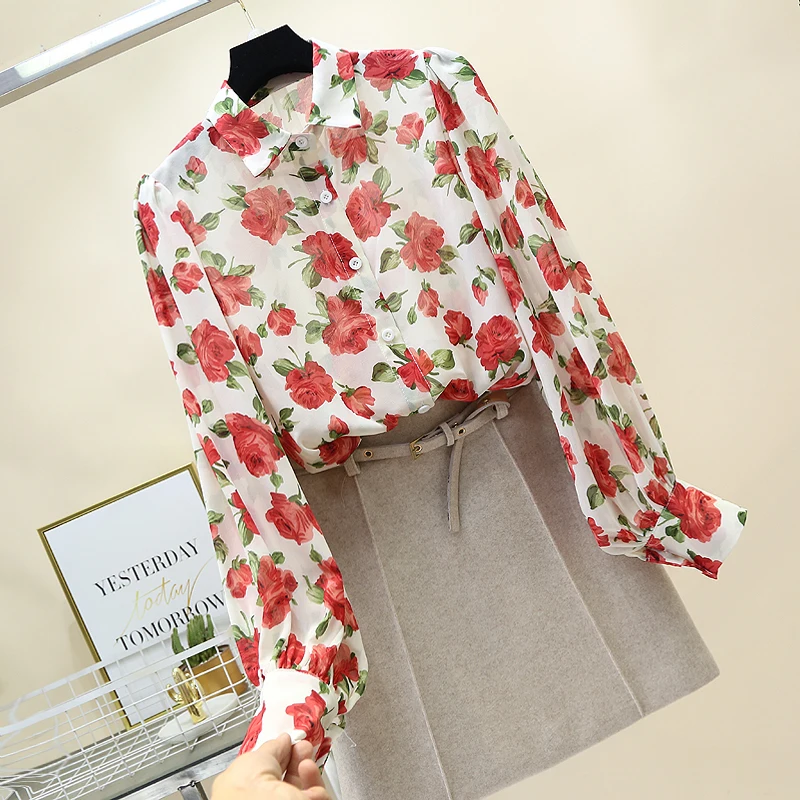 

2021 Chiffon Women Blouse and Shirts Elegant Floral Printed Loose Office Lady Lantern Sleeved Shirts Outwear Tops