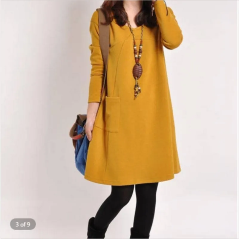 

Woemn Autumn V Neck Dress Long Sleeve Pocket Casual Loose Female 2022 New Winter Solid Color Dress