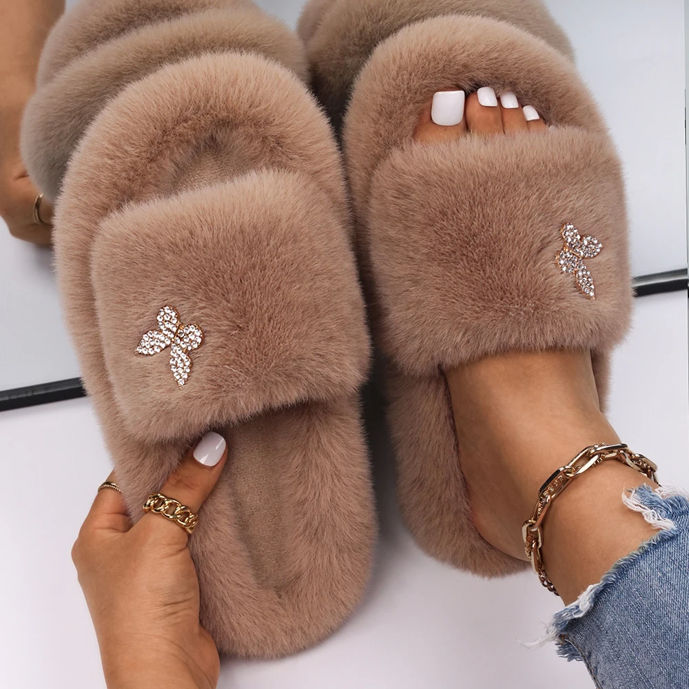 Women Flat Slippers Faux Fur Shoes for Luxury Shining Crystal Rhinestone Butterfly Indoor Slide Winter Warm Home Flip-Flops