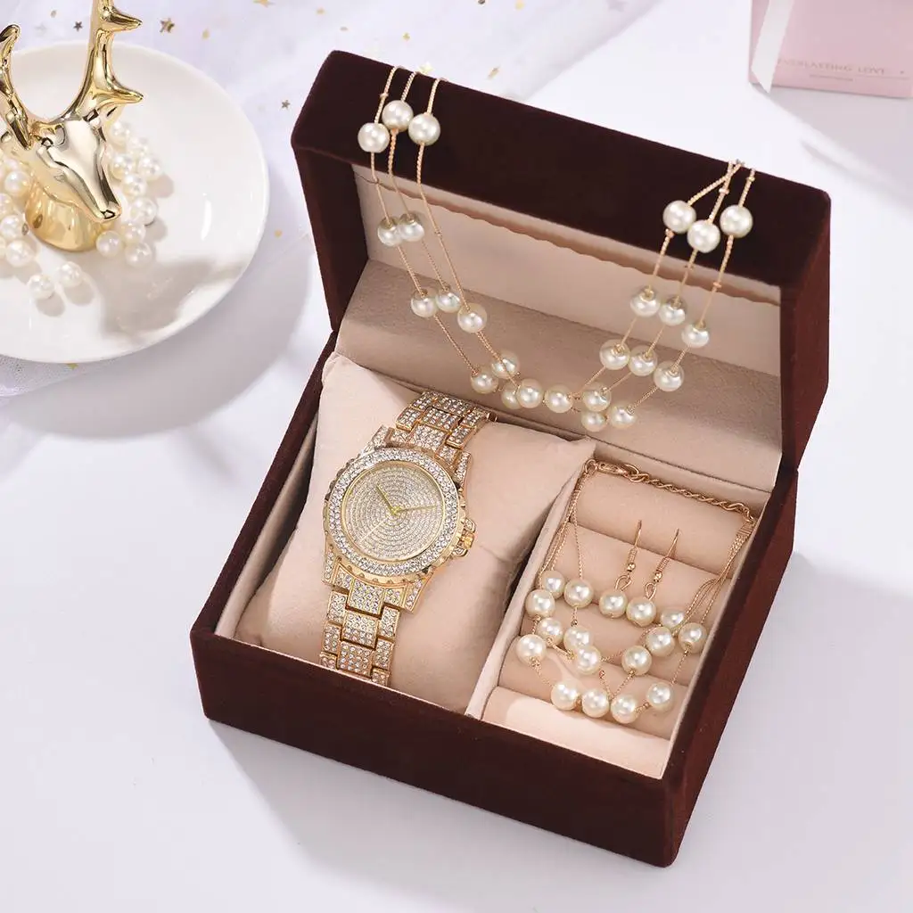 

5pcs/set Fashion Watch Gift Boxed with Pearl Bracelets, Earrings and Necklaces Women's Watch Set
