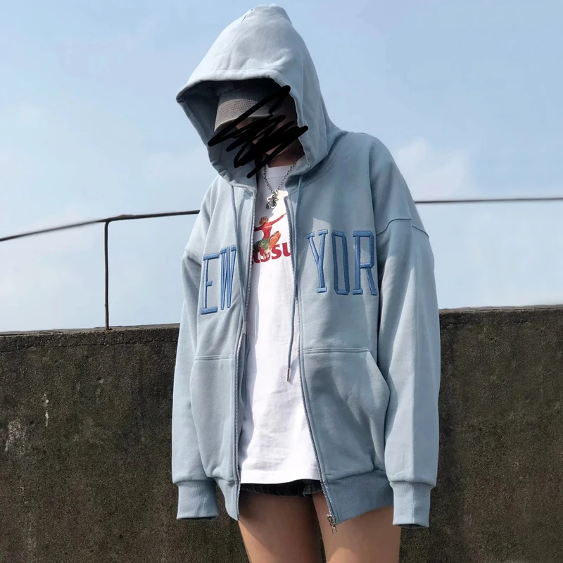 

Женская толстовка на молнии с вышитыми надписями, светильник с капюшоном синего цвета