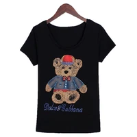 cartoon bear pattern short sleeve cotton t shirt hand beading t shirt black summer tops tees shirt 3xl