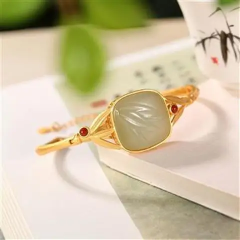 

Bamboo Presages Safety Bracelet New S925 Sterling Silver Gilding National Style Bamboo Leaf Women's Bracelet Natural Hetian Jade