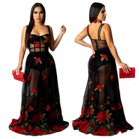 sexy floral embroidery sheer mesh patchwork maxi party dress with underwear spaghetti straps tight waist transparent vestidos