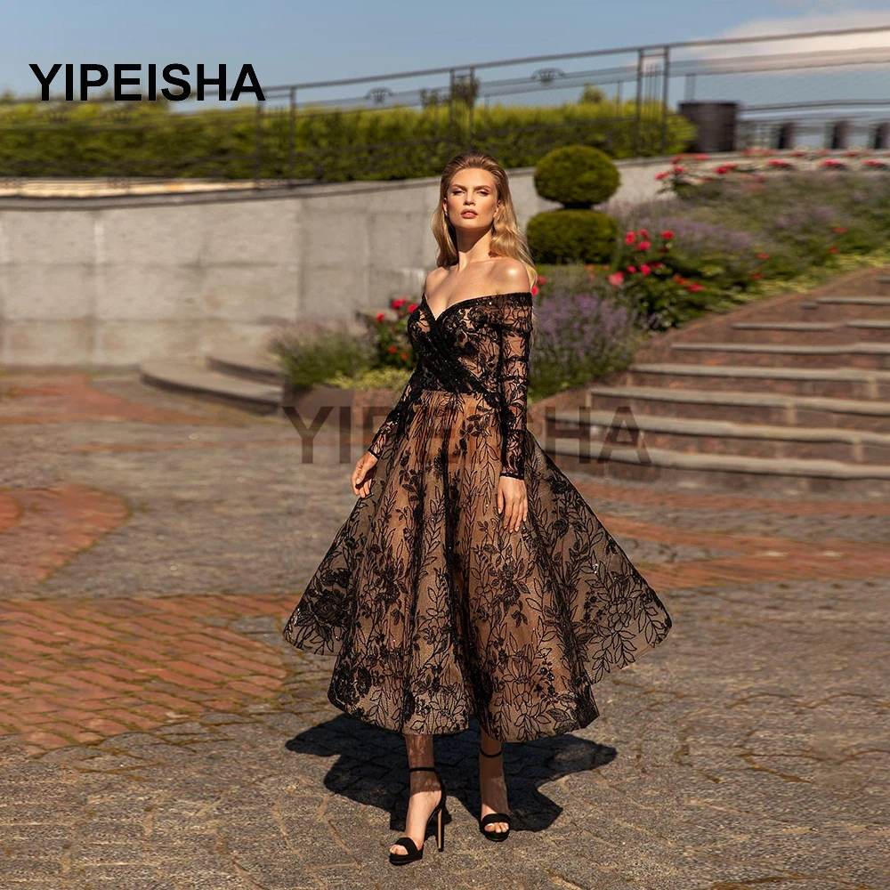 

Black Sweetheart Evening Dresses Lace Floral Print Floor Sleeves A-Line Backless Prom Party Gowns vestidos de fiesta