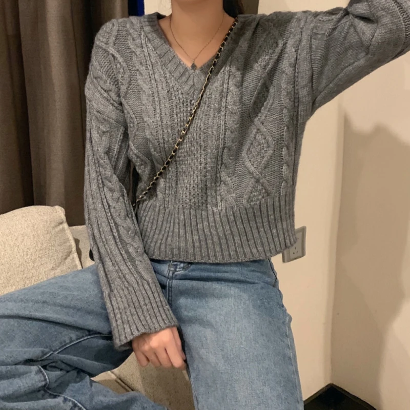 

Pink V-neck Knitted Sweaters for Women Clothes Autumn Winter Fashion Loose Long Sleeve Pullover Casual Crop Top Ins Hipster New