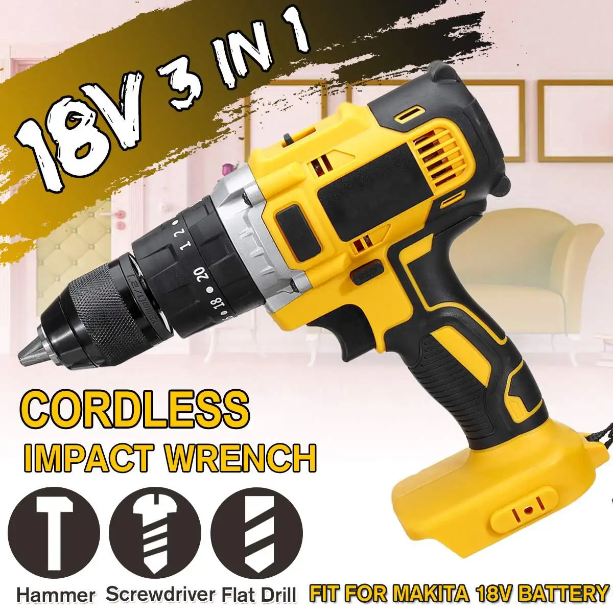 

18V Electric Cordless Impact Drill 20+3 Torque Rechargeable Hammer Drill Screwdriver 3 in 1 Power Tool for Makita Battery
