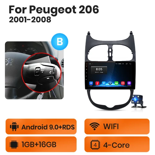 WIFI 1GB-16GB -B AWESAFE для peugeot 206 2001 2002 2003 2004-2008 Автомобиль Радио Мультимедийный видеоплеер gps без 2din 2 din Android 8,1 2 ГБ+ 32 ГБ - Цвет: WIFI 1GB-16GB -B