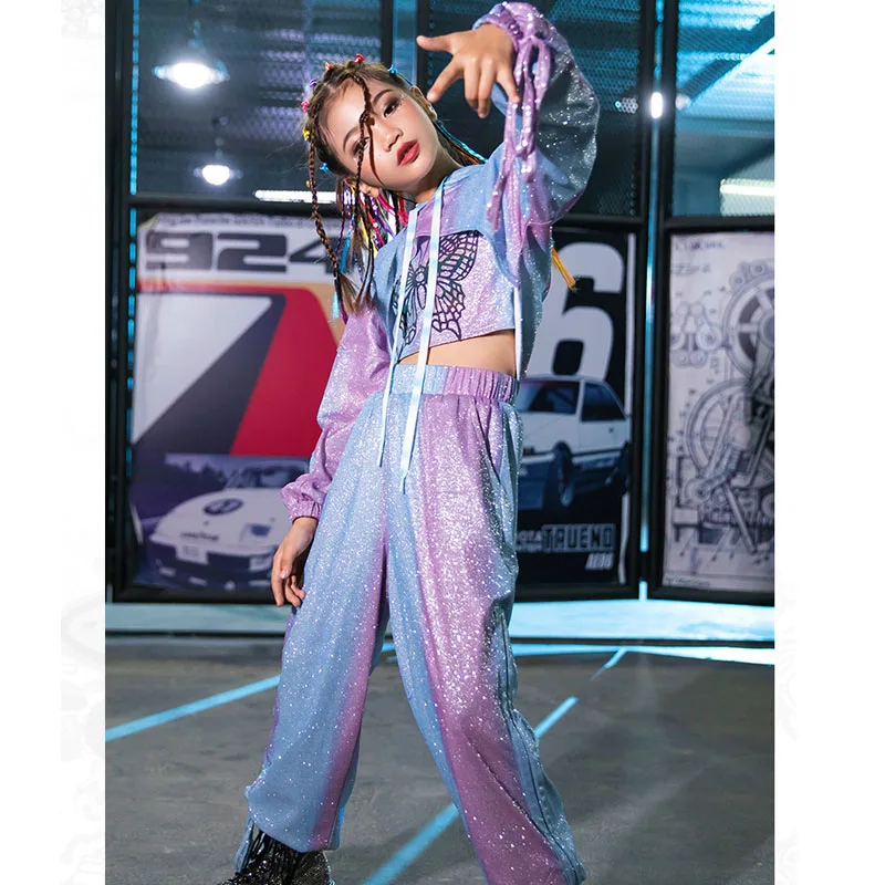 

2021 Children Shiny Jazz Dance Costumes Kids Long Sleeve Cool Hip Hop Suit Modern Street Dance Performance/Practice Clothes