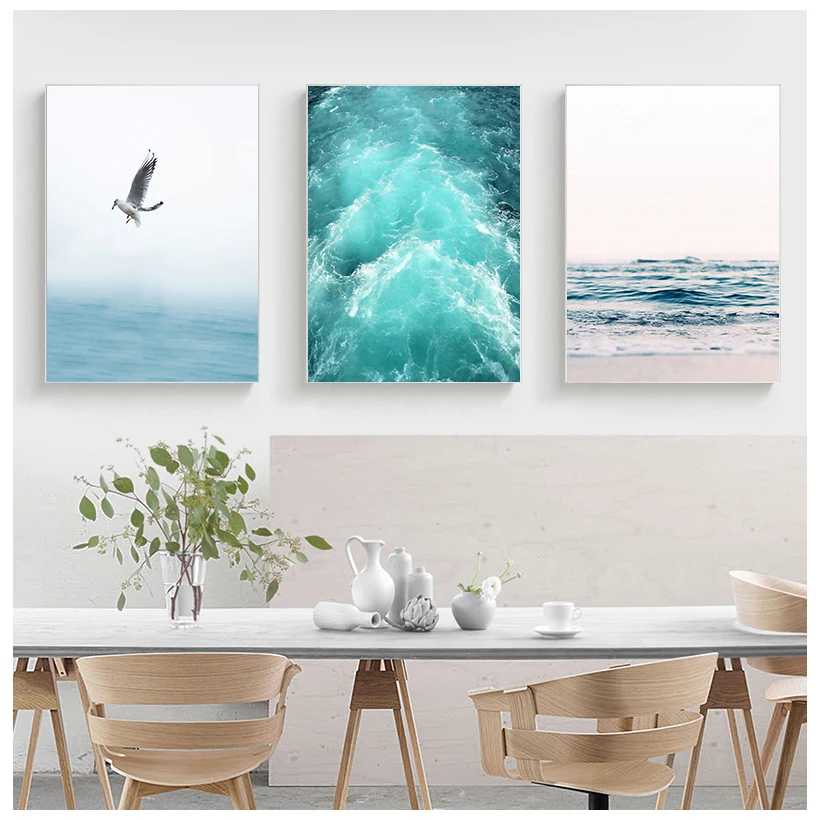 Blue Sea And Sky Nordic Landscape Canvas Painting Free Seagull Waves Beach Art Poster Living Room Decor Seabirds Wall | Дом и сад