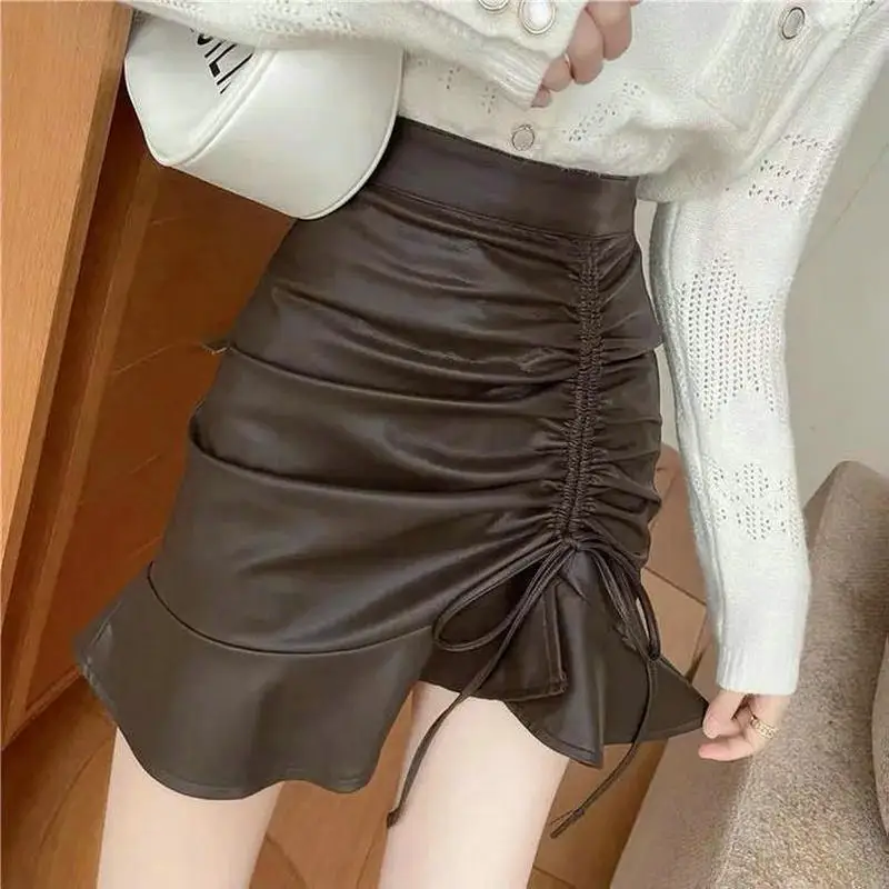 Women Spring Autumn Winter Skirt 2021 New High-Waisted Slim Black Ruffled UP Leather Bag Hip Fishtail A-Line Half-length Skirt