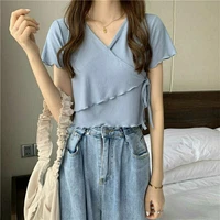 sexy v neck soft newest lace up shirts for women slim short sleeve cropped tops kawaii clothes mujer camisetas plus size blusas