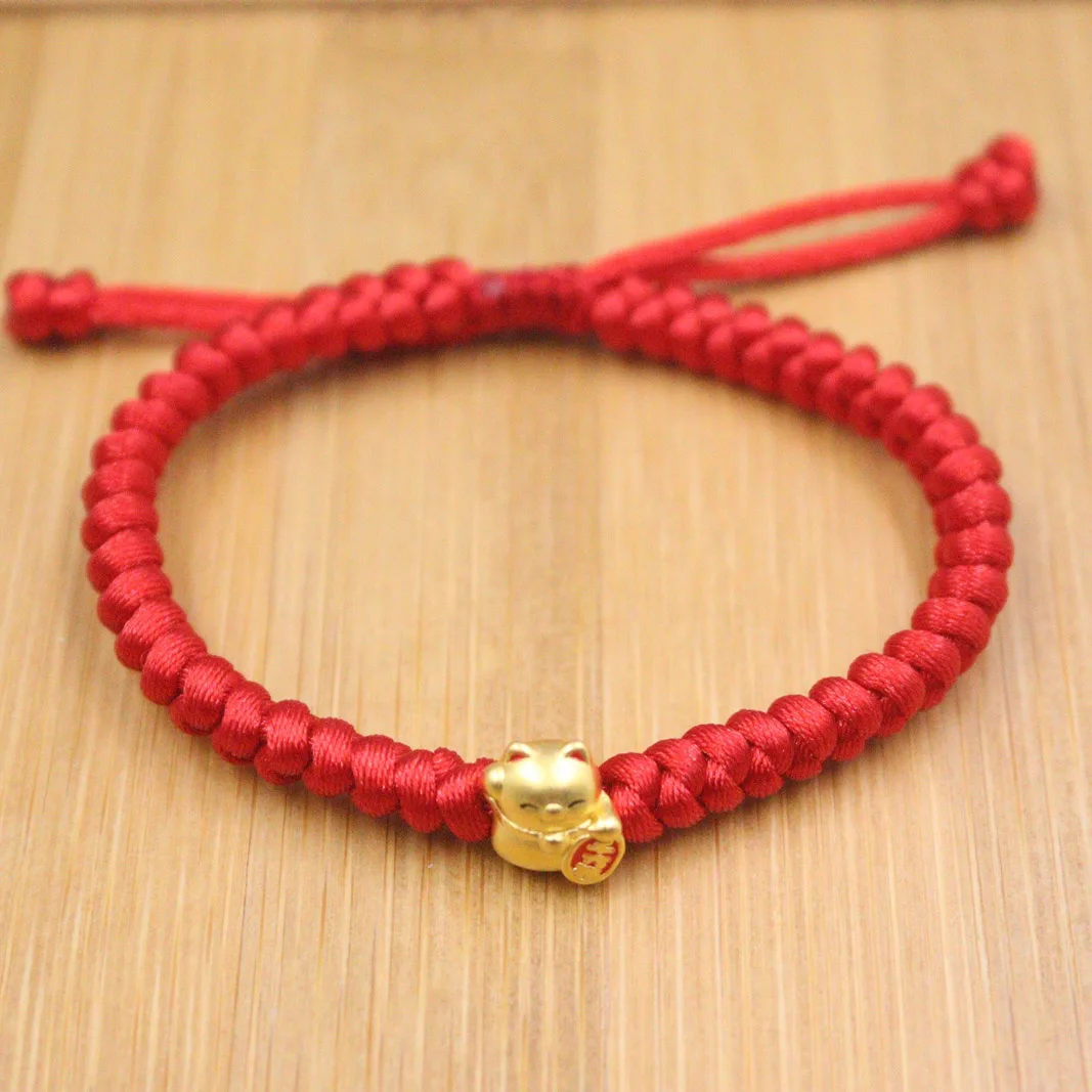 

999 24K Yellow Gold Bracelet Real Gold Paint Cat Baby 3D Hard Gold Lucky Weave For Women Female 's Red Rope Bracelet