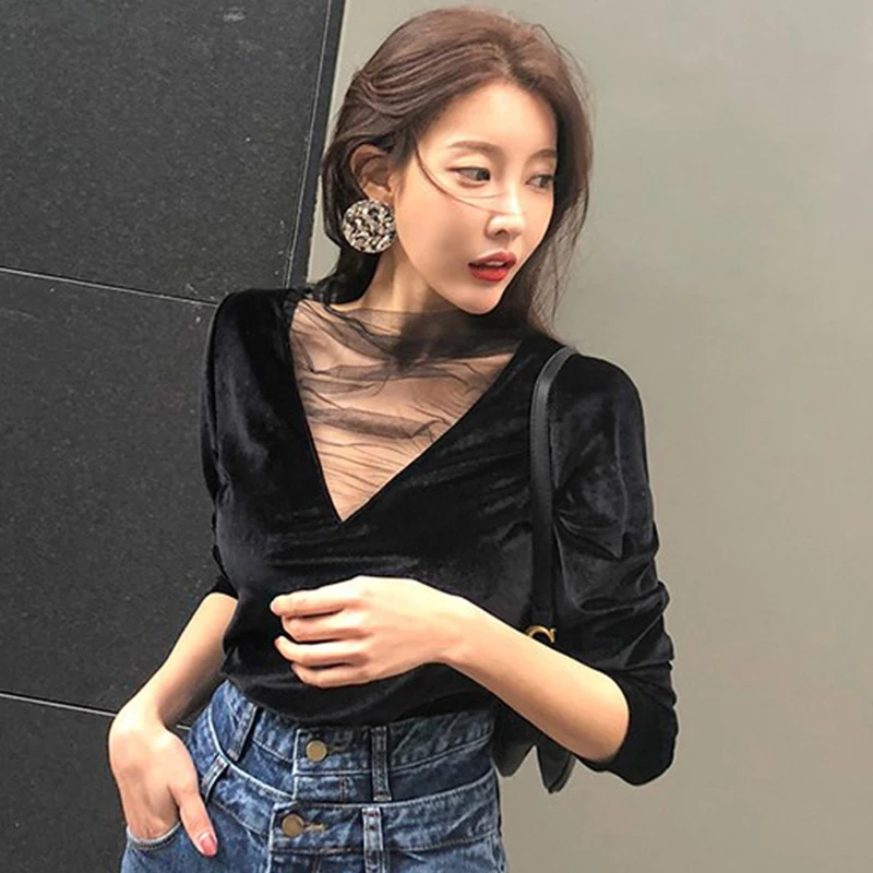 T shirt Female Loose Long Sleeve Autumn New Style Plus sized Fat mm Mesh Patchwork Stand up Collar Sexy Base Pleuche Top