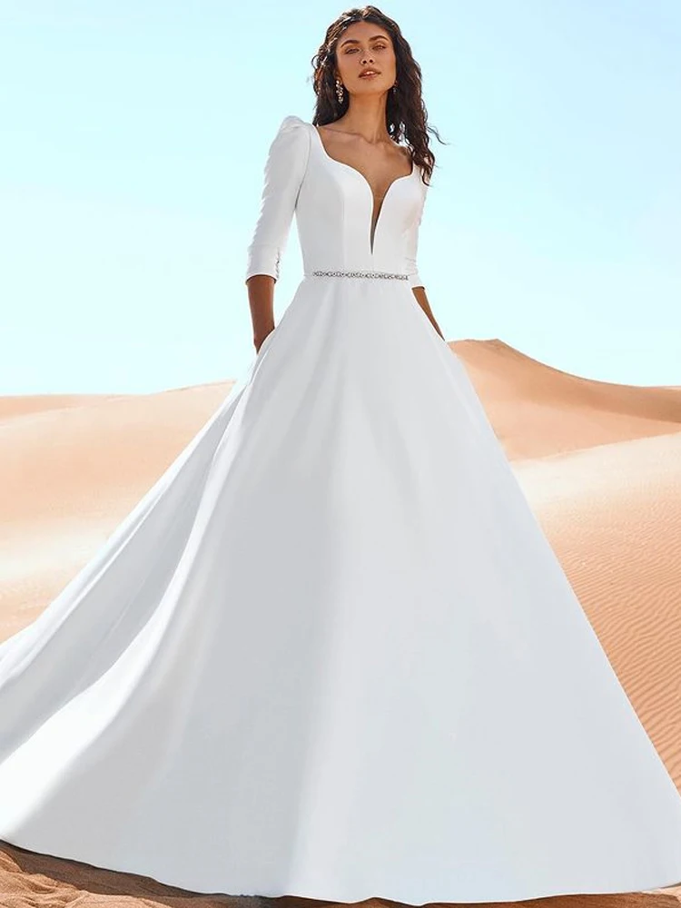

FairyKissy Elegant Satin Wedding Dresses with Belt Pockets Sexy V Neck 3/4 Sleeve Priness Party Gowns for Bridal Beach Vintage