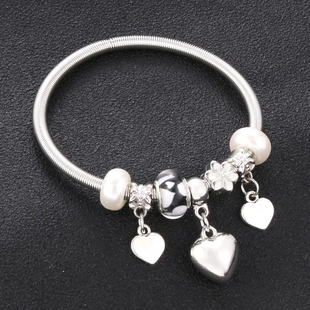 

10Pcs/Lot Elastic metal beading Antique Original Heart Charm Bracelets For Women Glass Beads Brand Bracelet Bangle Jewelry Gift