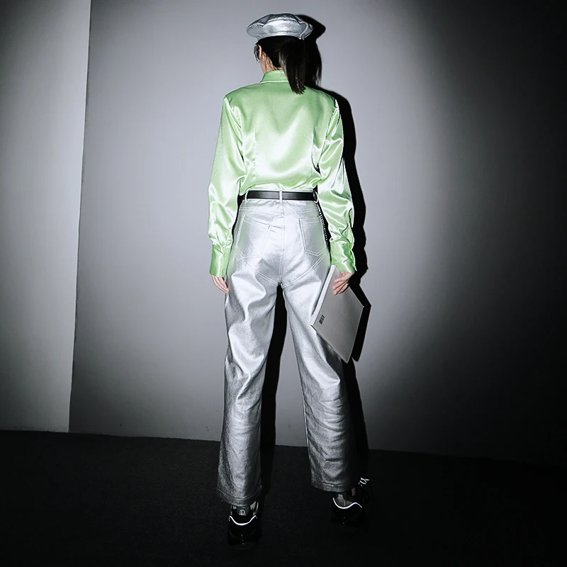 

[EAM] Women Stereoscopic Light Green Blouse New Lapel Long Sleeve Loose Fit Shirt Fashion Tide Spring Autumn 2021 1DD0863