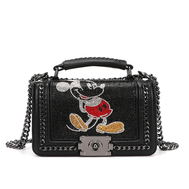 

New Disney Woman Shoulder Bag Mickey Print Messenger Bag High Quality Fashion Metal Sequin Black Handbag 2021 Female Bag Trend