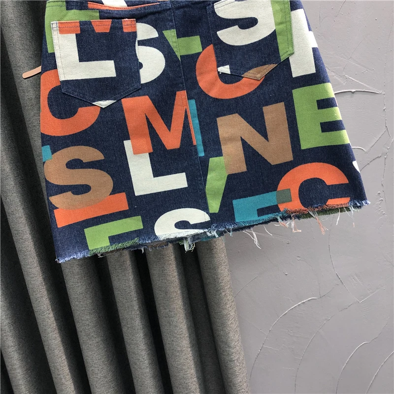 

CHICEVER Letter Print Colorblock Denim Mini Skirts For Women High Waist Sashes A Line Mini Skirt Females Summer 2021 Fashion New
