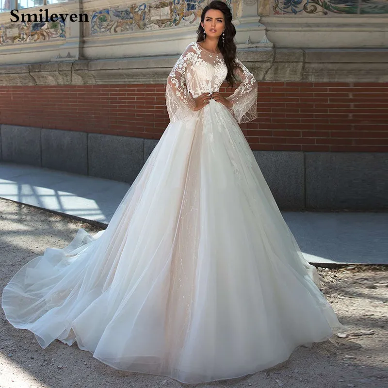 Smileven Princess Wedding Dress Flare Sleeve Appliqued Lace Bridal Dresses Backless Vestido De Noiva Corset Wedding Gowns