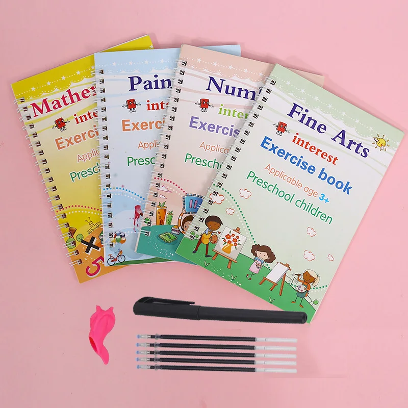 

4 книги/набор Детская школьная тетрадь 3D, многоразовая тетрадь для обучения каллиграфии, изучение письма на английском языке