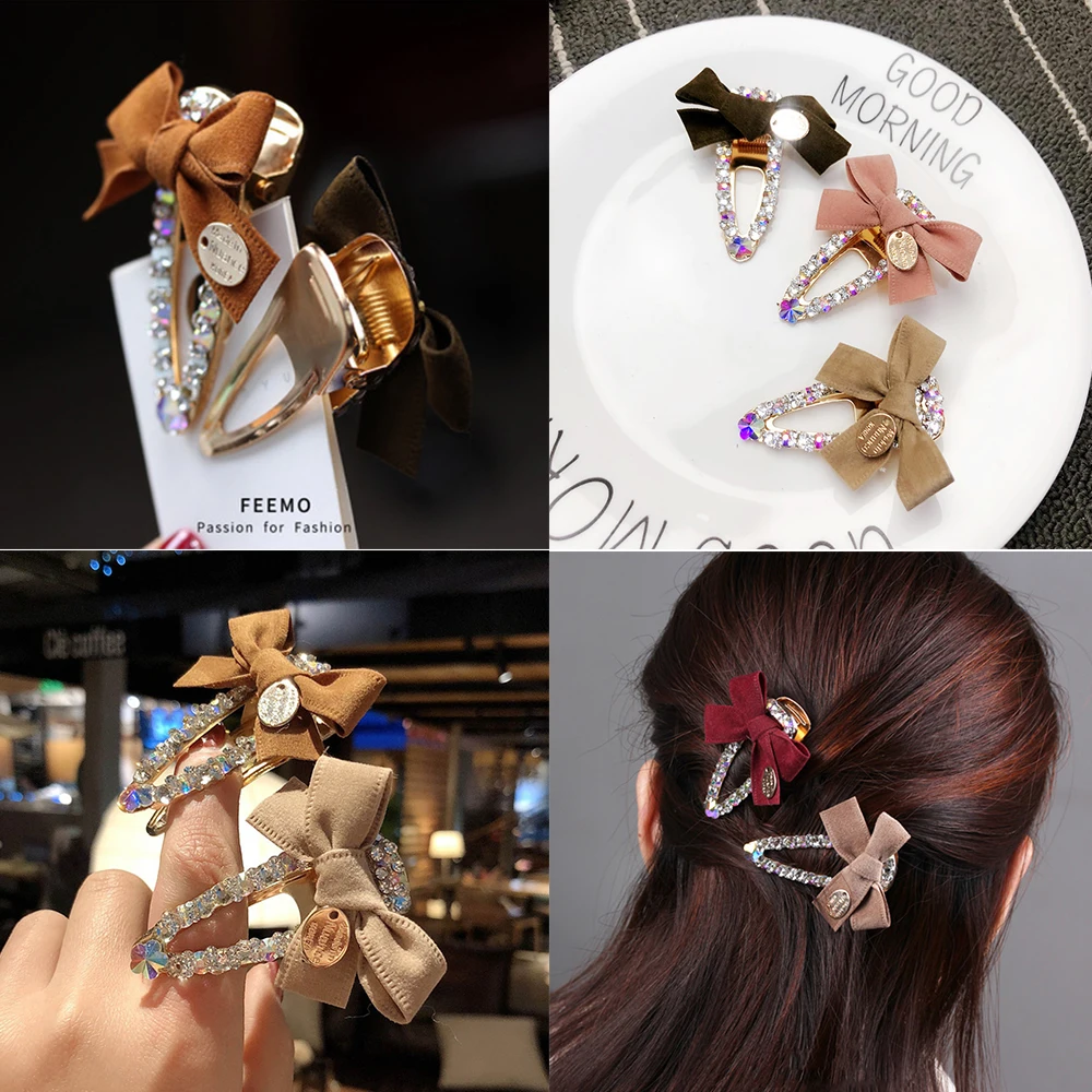 

Elegant Bow Metal Rhinestone Hair Clip Women Clips Barrettes Crystal Hairgrips Waterdrop Hairpins Hair Accessories Snap Clips