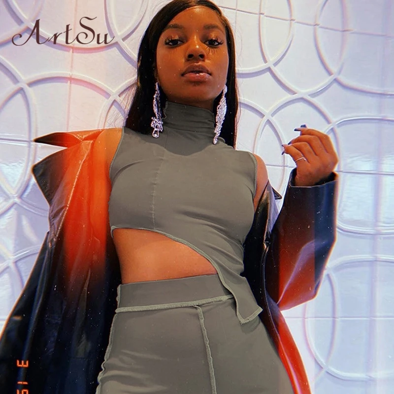

Artsu Sexy Solid Bodycon Tracksuit Crop Top Slit Flare Pant 2 Piece Matching Sets Women New Summer Outfit 2020 ASSU60934