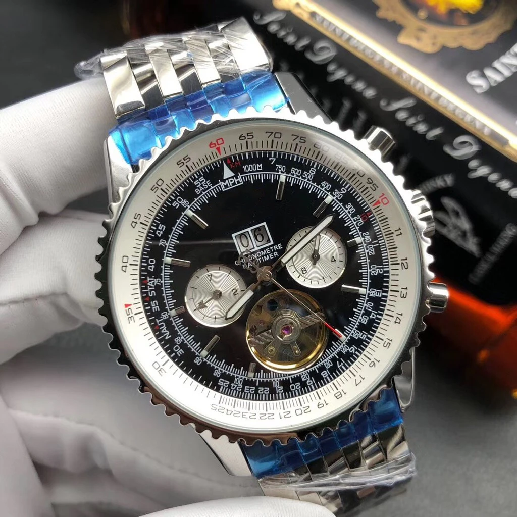 

Luchtvaart Multifunctionele Tourbillon Automatische Mechanische Beweging 45Mm Mannen Horloge Zwart Wit Blauw Wijzerplaat