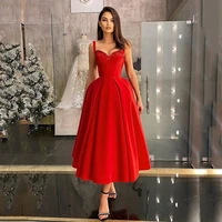 elegant red a line tea length short prom dress sweetheart jersey evening gowns with straps saudi arabia short party dresses
