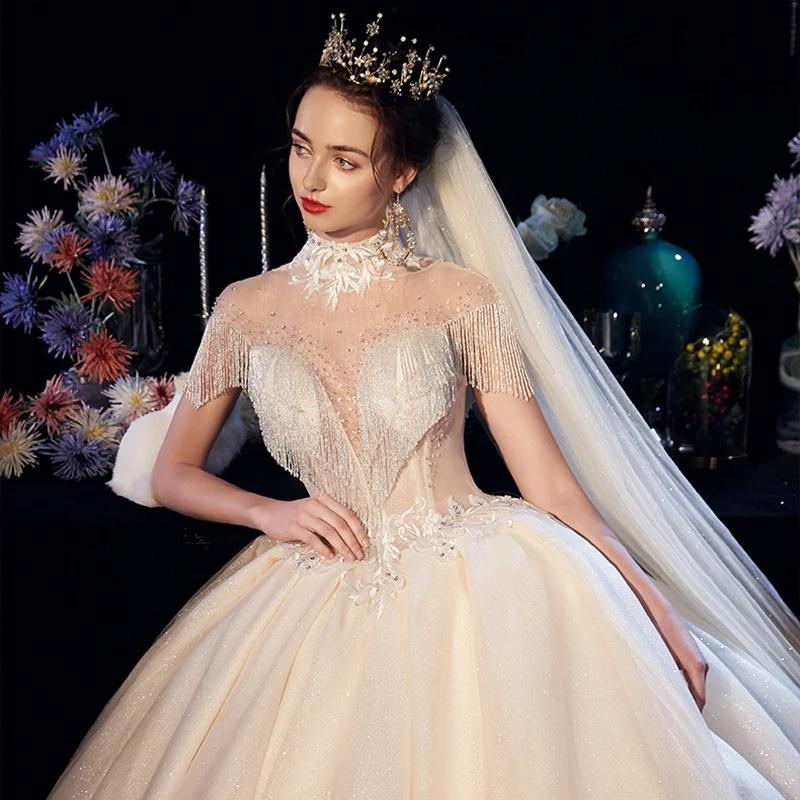 Платье для свадьбы Vivian's блестящее кружевное платье с высоким воротником со