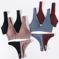 women seamless underwear set wireless push up bra deep v bra sport bralette top sexy lingerie set crop top brassiere thong set