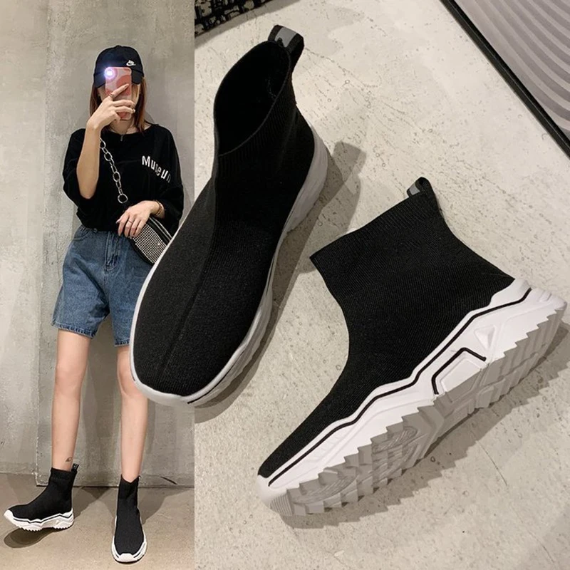 

Сезон весна-осень; Женские сапоги с теплым носком обувь эластичные Fly-плетение однотонные ботильоны с молнией сбоку с пряжкой ботинки с высо...