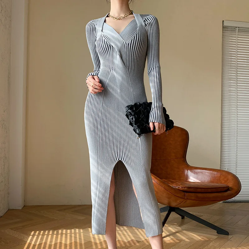

Spring Fall New Chic Twist Design Sexy V-neck Halter Bodycon Split Sheath Knitted Dress Fashion Striped Sweater Dress