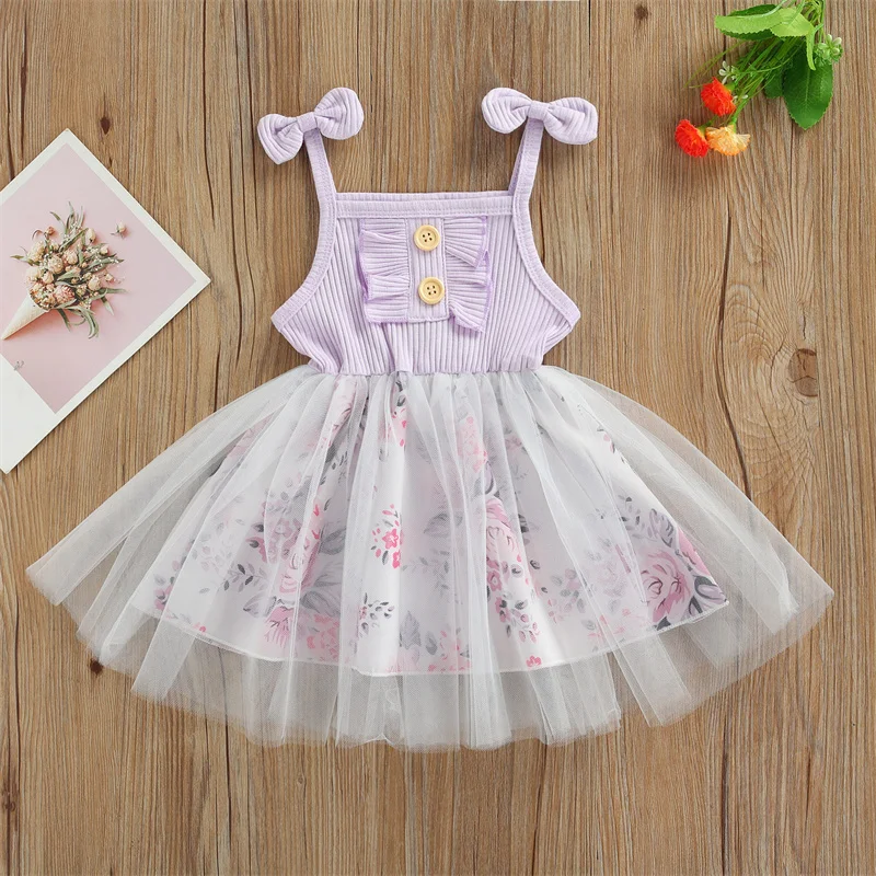 

Toddlers Baby Girls Summer Fashion Dress Floral Print Sleeveless Stitching Lace Sundress For 1-4 Years Old Girl's Clothing