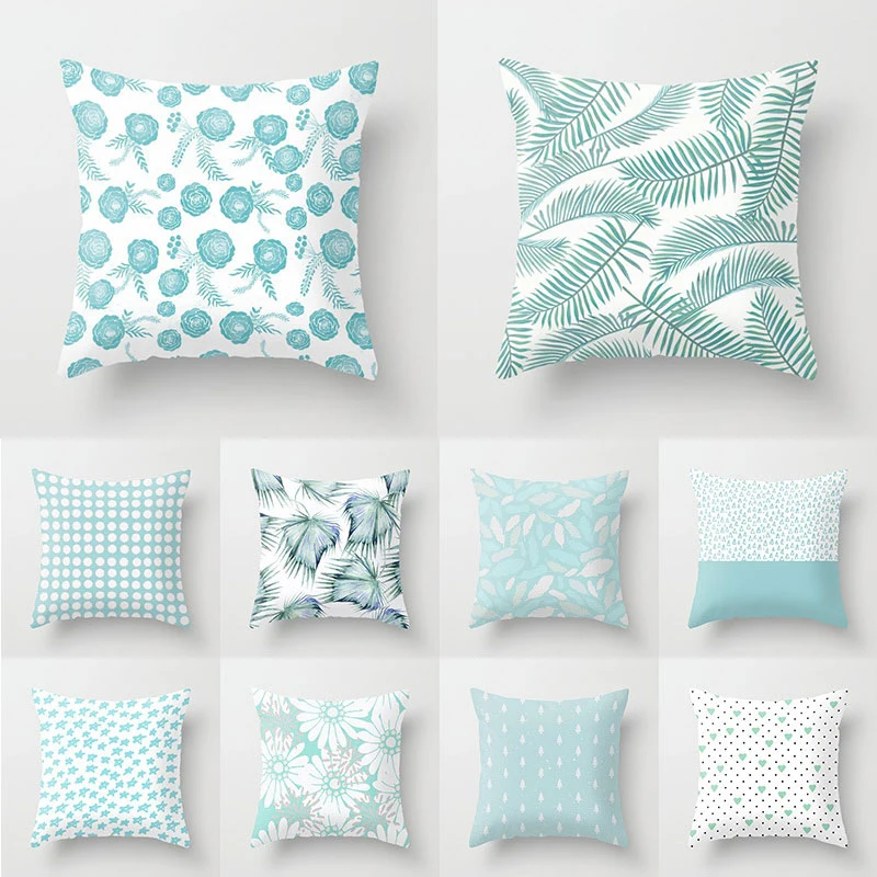 

Mint Green Cushion Cover 45x45cm Light Blue Geometry Printed Throw Pillows Cover Striped Cartoon Flowers Daisy Sofa Pillowcase