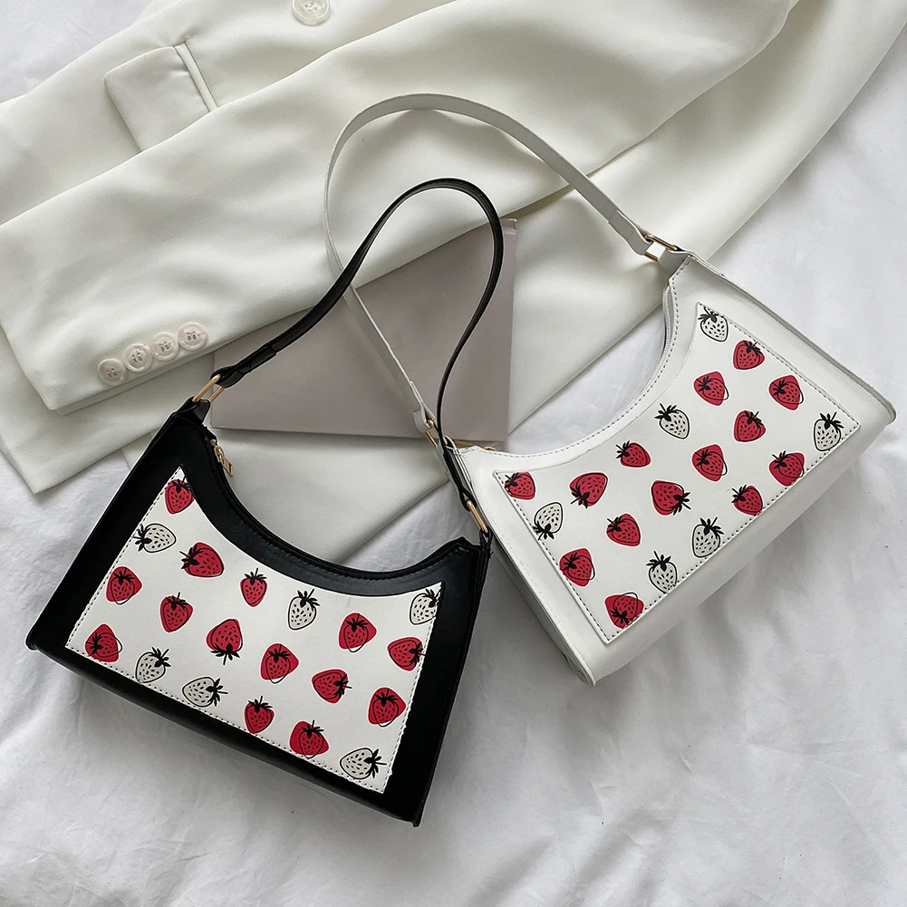 

Fashion Women Strawberry Printing PU Leather Shoulder Underarm Bag Casual Ladies Zipper Hobos Handbags
