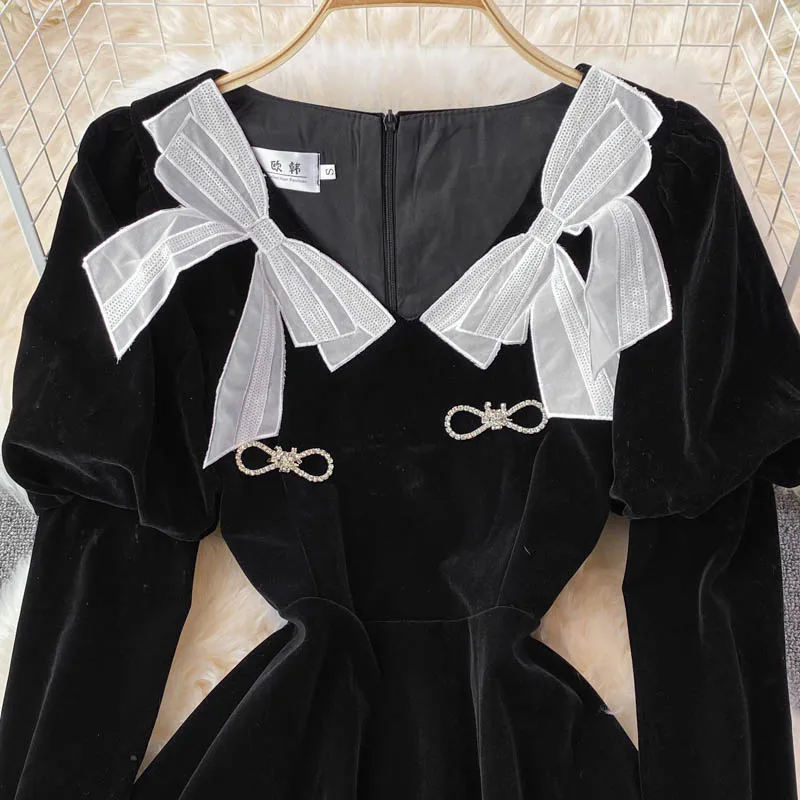 Christmas elegant square-necked gold velvet puff sleeve dress women Winter waist temperament bowknot a-line mini vestido | Женская