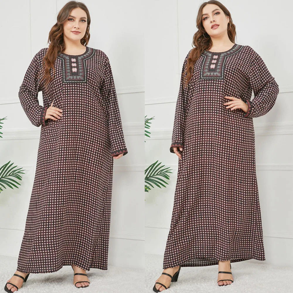 

Plus Size Vintage Muslim Women Printed Long Dress Embroidery Long Sleeve Abaya Islamic Turkey Maxi Robe Gown Middle East Ramadan