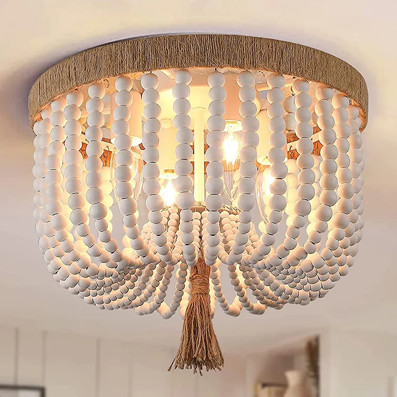 Скандинавская потолочная лампа деревянная люстра с бусинами в стиле ретро белый