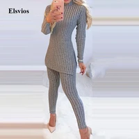 office lady knitted suits outfit elegant beading split long sleeve tops and skinny pants women sets casual solid two piece sets
