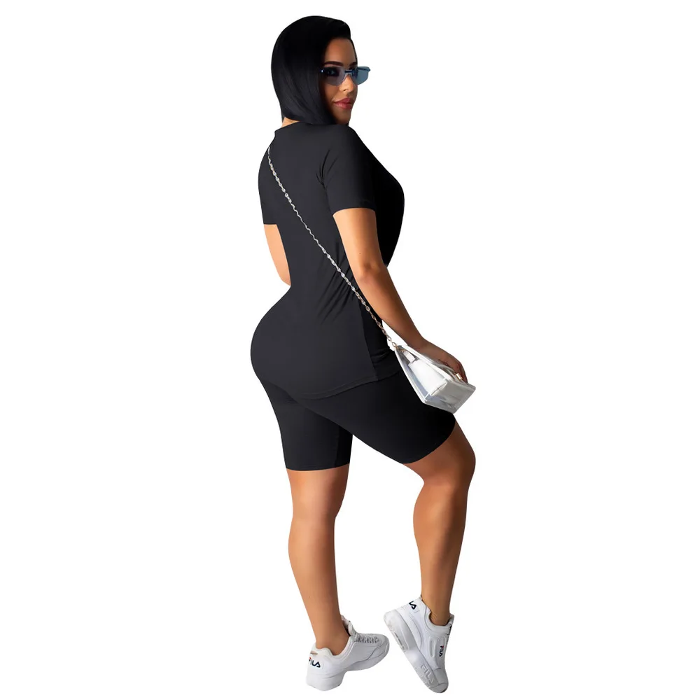 

Women Fitness Two Piece Sweatsuit Summer New Tracksuit Letter Print Short Sleeve Top Tees Skinny Jogger Short Sporty Club Outfit