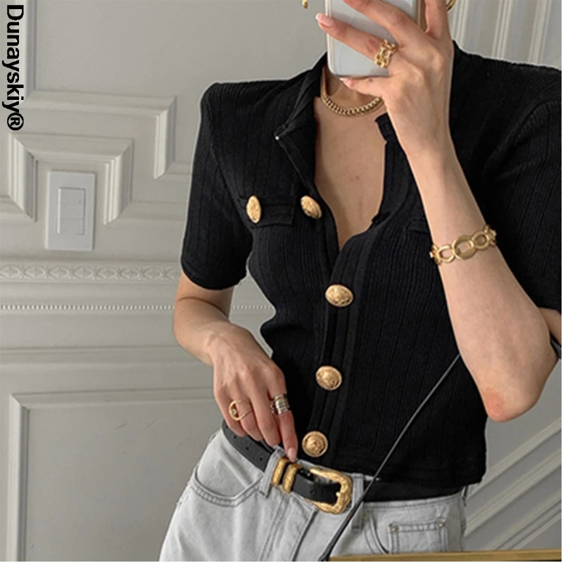 

Vintage 2021 Knitted Cardigan Sweater Women Summer Big Buttons Short Sleeve Knitwear Tops Solid Slim Korean Elegant Jumpers