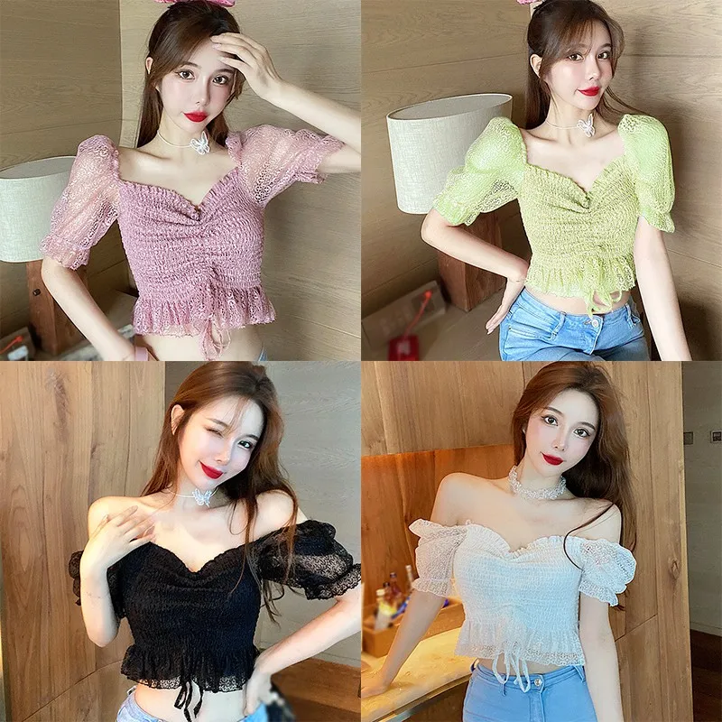 

Women Summer Lace Puff Sleeve Square Collar Blouses Chic Hollow Out Short Sleeve Solid Color Shirts Feme