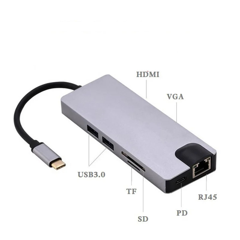 Адаптер концентратора USB C 8 в 1 док станция переключатель на HDMI VGA RJ45 1000 Мбит/с