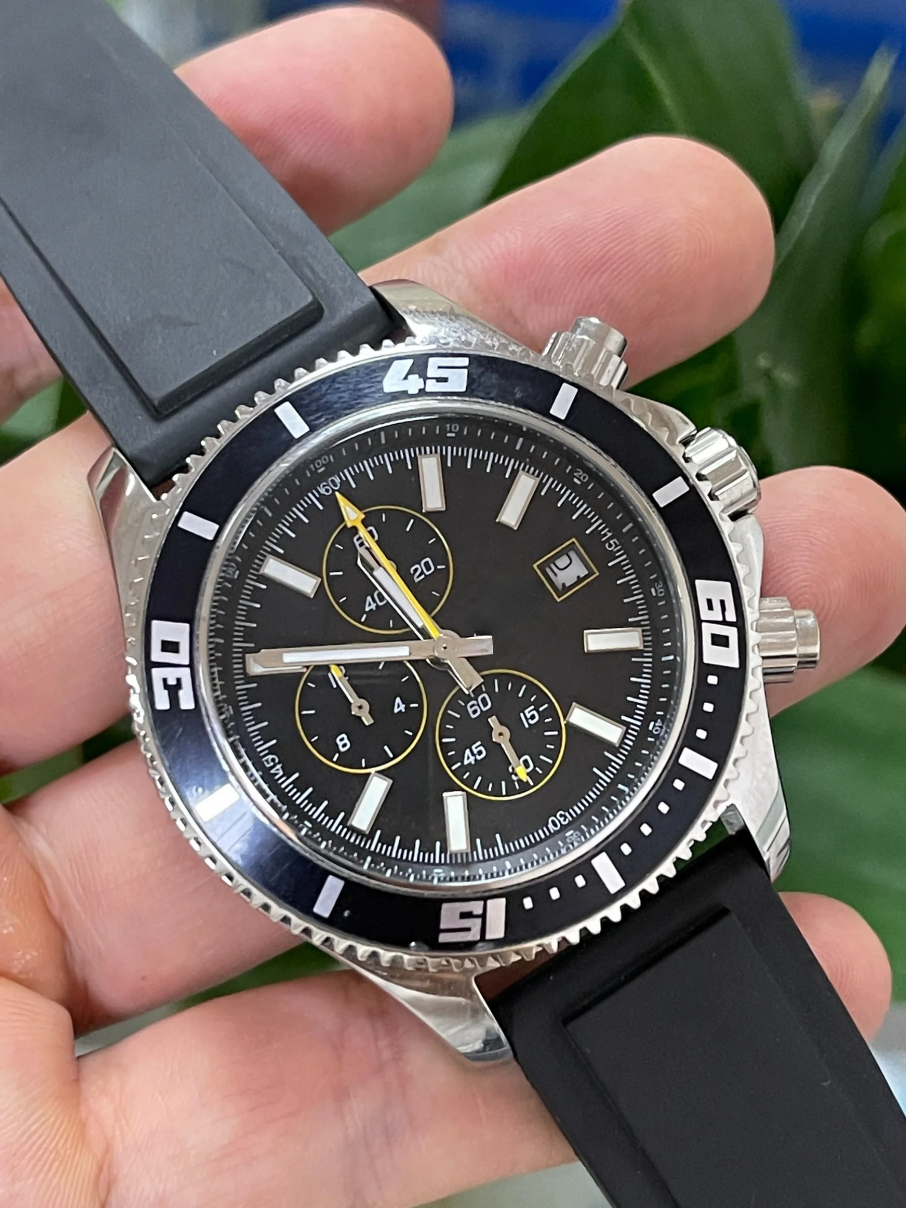 

Men's Quartz Chronograph Watch Ceramic Bezel Stopwatch Blue Stainless Steel Black Rubber Sapphire Crystal