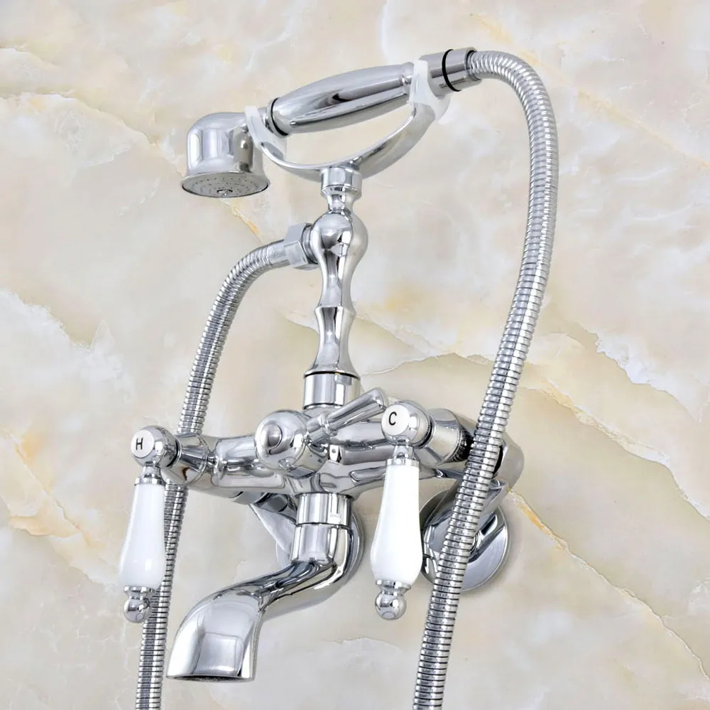 

Серебристый полированный хромированный латунный настенный смеситель с двумя керамическими ручками для ванны душевая лейка регулируется от 3 до 3/8 "aqg421